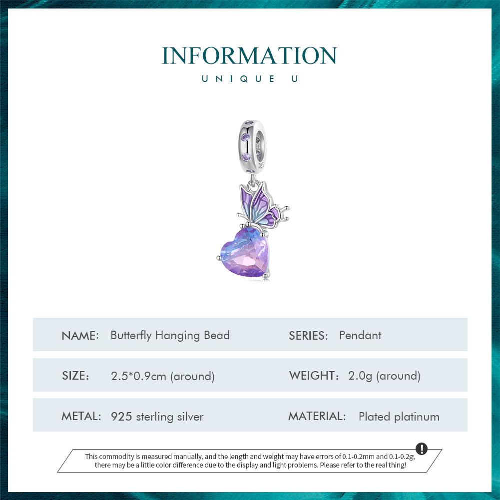 BAMOER стерлингового серебра 925 пробы градиент фиолетовый бабочка подвеска из бисера сердце подвески для женщин браслет и ожерелье DIY