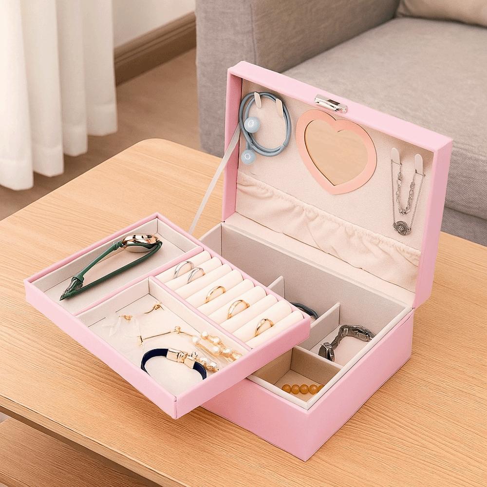 Large Capacity Double Layer Jewelry Box PU Jewelry Display Case Practical Cosmetics Box Rings
