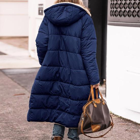 Women Winter Coat with Hood Padded Plush Lined Double-sided Wearable Outerwear Warm Large Pocket Zipper Closure Mid Length Overcoat