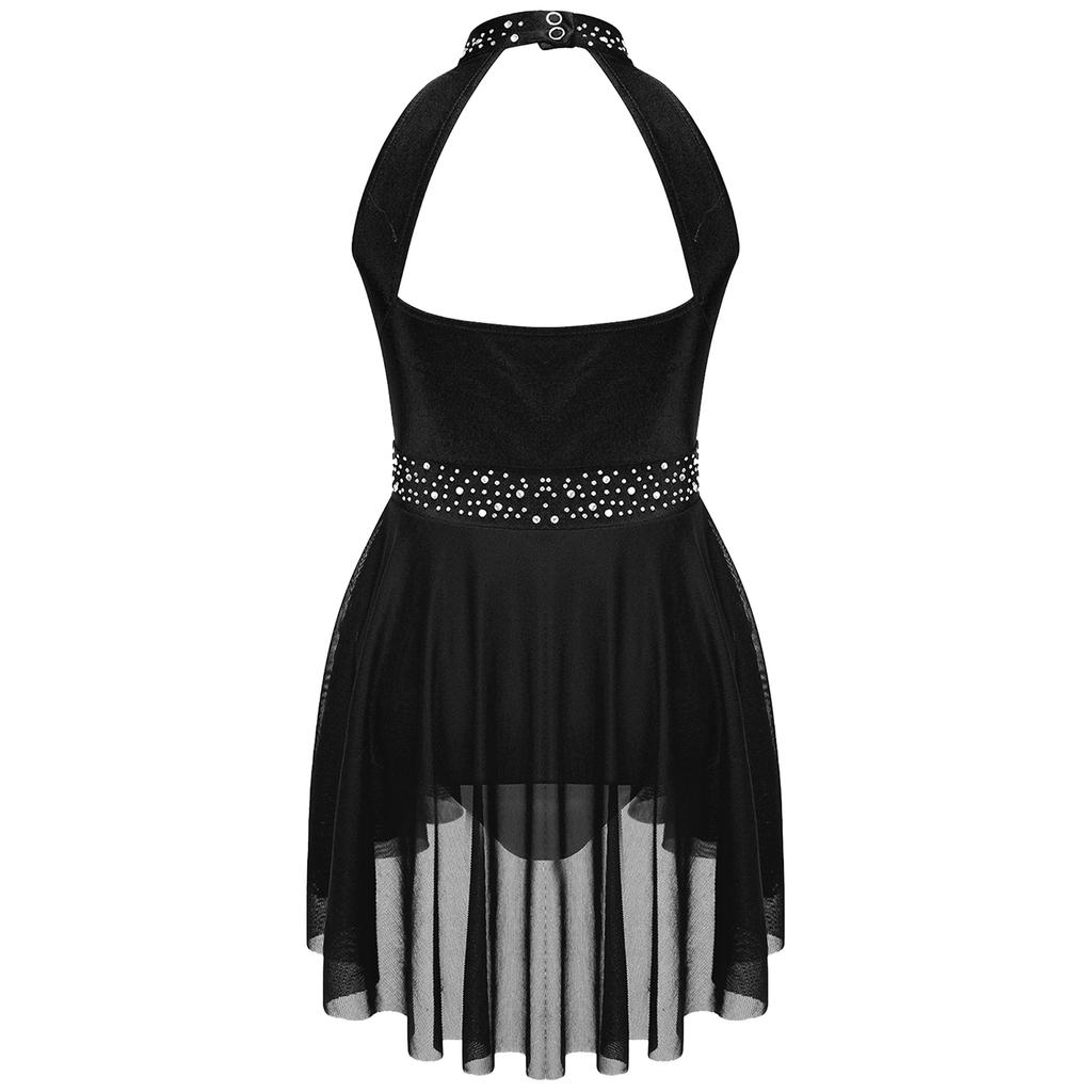 Girls Dance Performance Dress Sleeveless Mock Neck Shiny Rhinestones Decorated Cutout Back Leotard