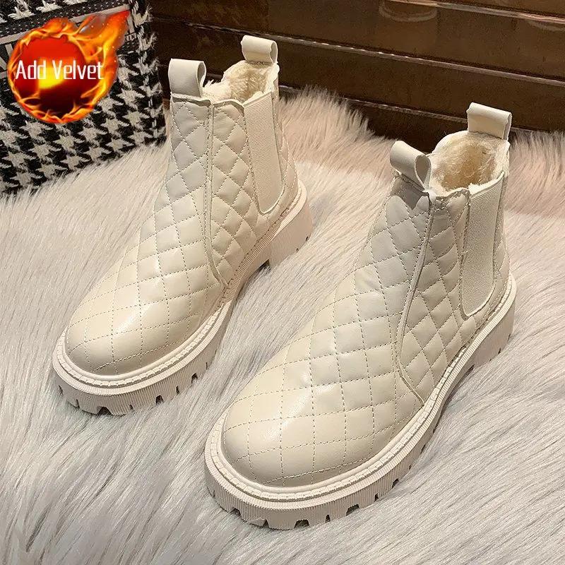 Модные кожаные зимние ботинки для женщин на платформе, меховые ботинки, женская обувь с круглым носком, массивный белый, новинка, зимняя обувь 2024 года