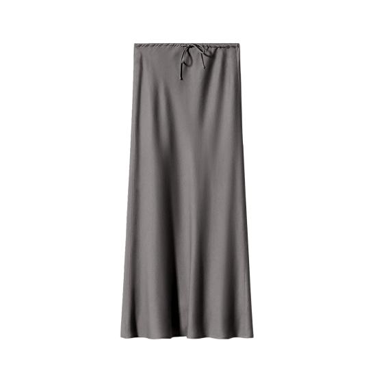Women Skirt Silky Satin High Waist Drawstring Elastic Solid Color Ankle Length A-line Soft Breathable Casual Lady Maxi Skirt
