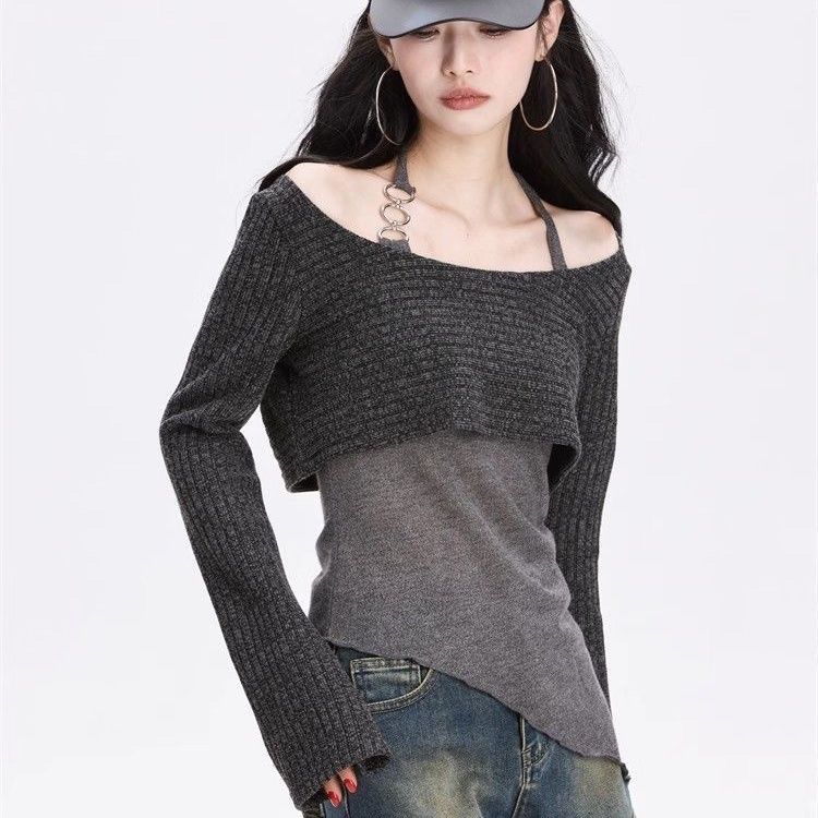 Y2k Off Shoulder Knitted Women T-shirts Set Sexy Korean Style Asymmetric Halter Tops Gyaru Crop Long Sleeve Autumn Tees