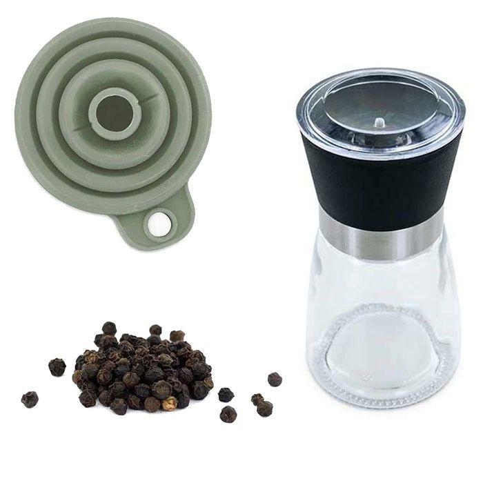 Moulin à épices, entonnoir et poivre noir bio