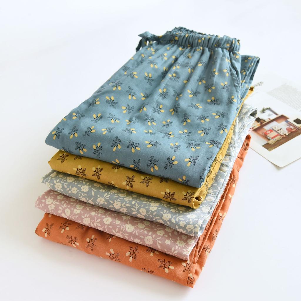 Cotton Floral Pajama Pants Women Big Size Double Gauze Girl Home Trousers Autumn Winter Loose Lace Up Sleeping Casual