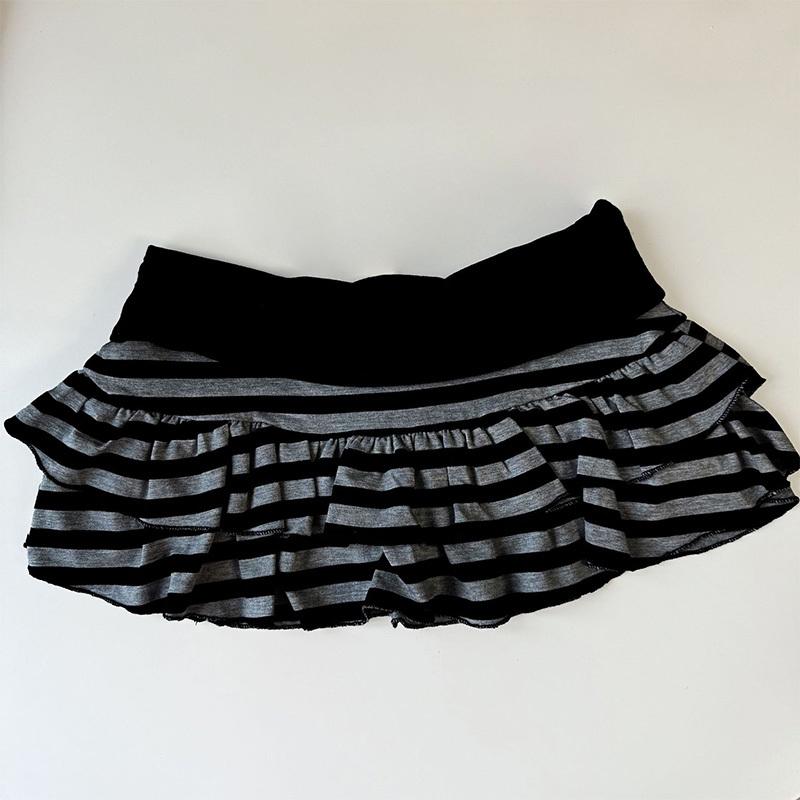 2026 Summer New Women's Wear Y2K Grunge Black and Grey Striped Ruffle Mini Skirt High Waist Elastic Waist Tight A-line Skirt