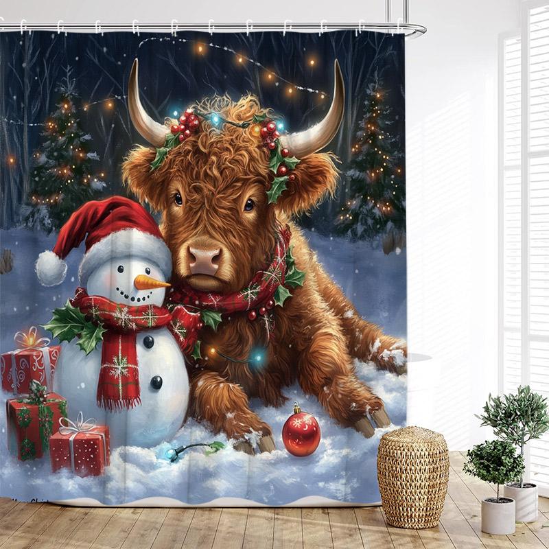 Cute Snowman Shower Curtain Winter Forest Pine Tree Snowflake New Year Christmas Bath Curtains Fabric Bathroom Decor With Hook