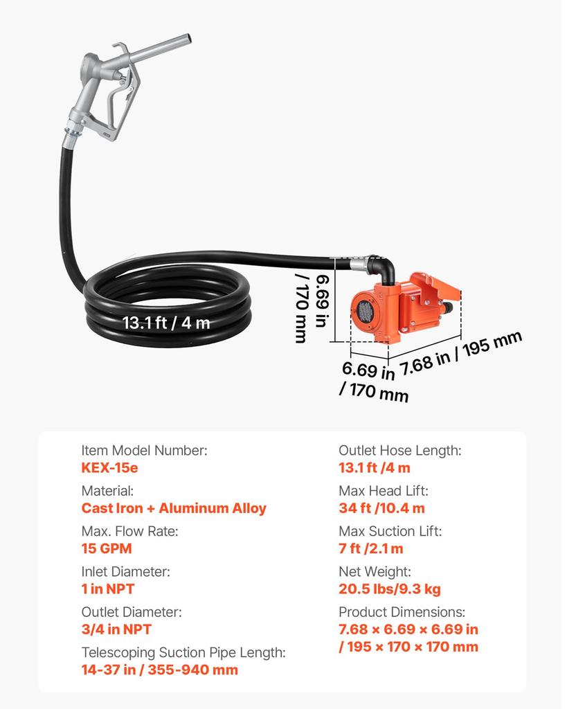 VEVOR Fuel Transfer Pump, 12V DC 57 L/min, Cast Iron Diesel Transfer Pump Kit, with Manual Nozzle, Discharge Hose, Overheat Protection, Power Cable