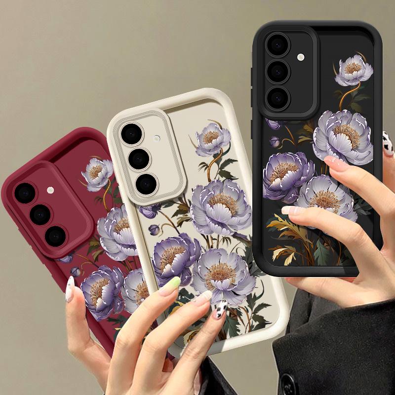 Ударопрочный задний чехол с узором из фиолетовых цветов для Samsung S25 S26 S24 S23 S22 Ultra A15 A55 A35 A34 A53 A54 A16 A26 A36 A56 A17 A27 A37 A57