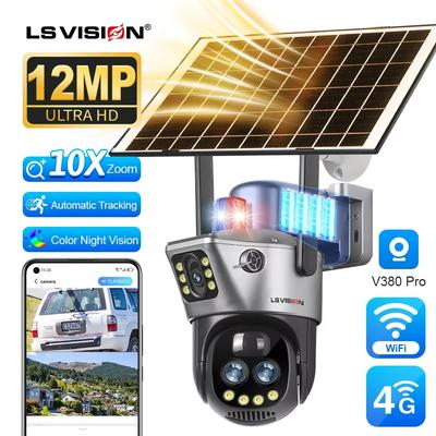 LS VISION 12 МП 10-кратный зум Двухэкранная солнечная камера для улицы 6K 4G/WiFi Тревога красным и синим светом Автоматическое слежение Камера безопасности V380 Pro