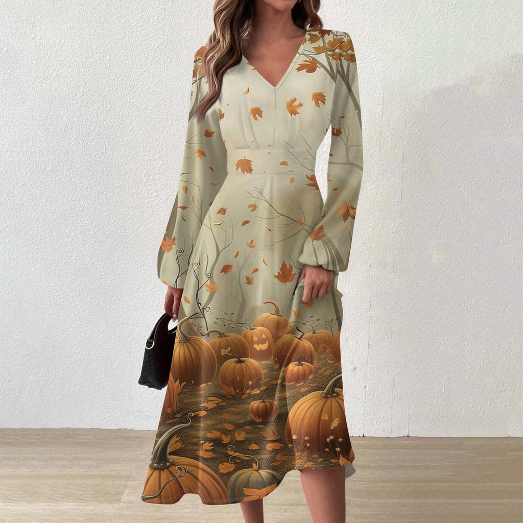 Женское осенне-зимнее повседневное модное длинное платье с v-образным вырезом и длинным рукавом с принтом