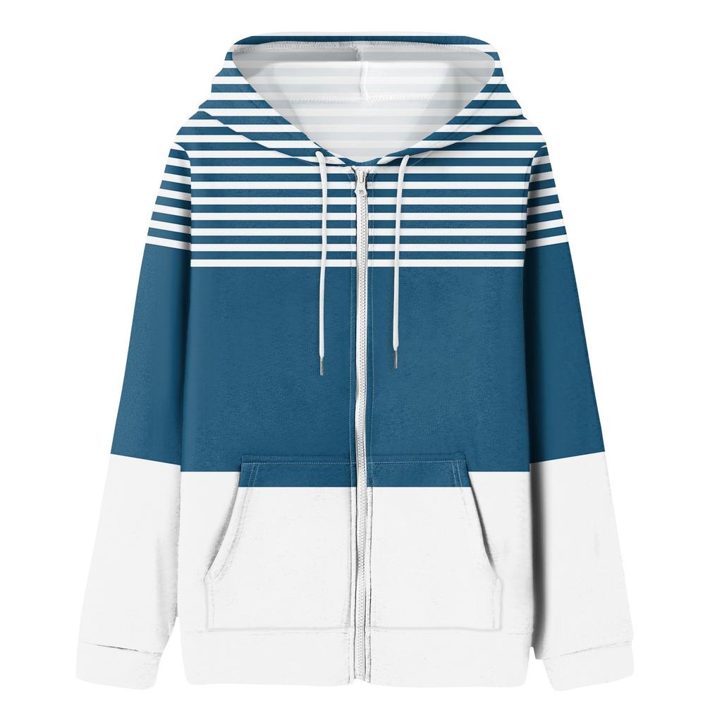 Женская толстовка с длинными рукавами и полосатым принтом, куртка с длинными рукавами и карманами, на молнии, пальто с капюшоном