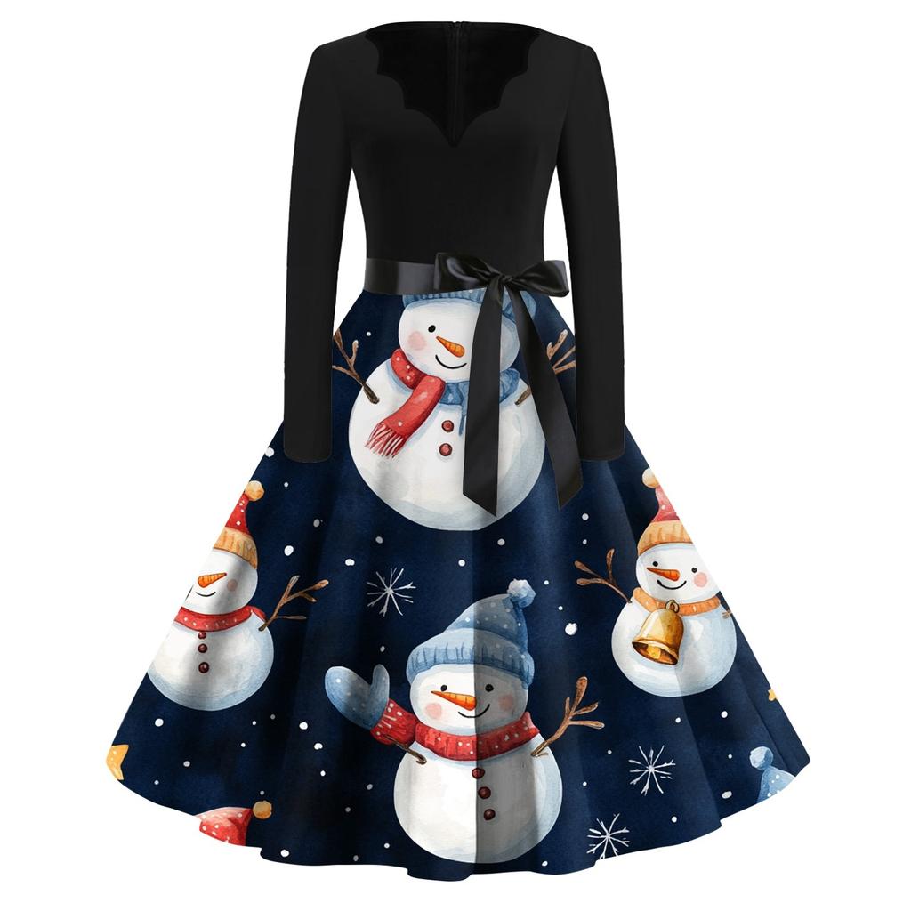 Женские модные повседневные тонкие рождественские платья с длинным рукавом с v-образным вырезом и принтом