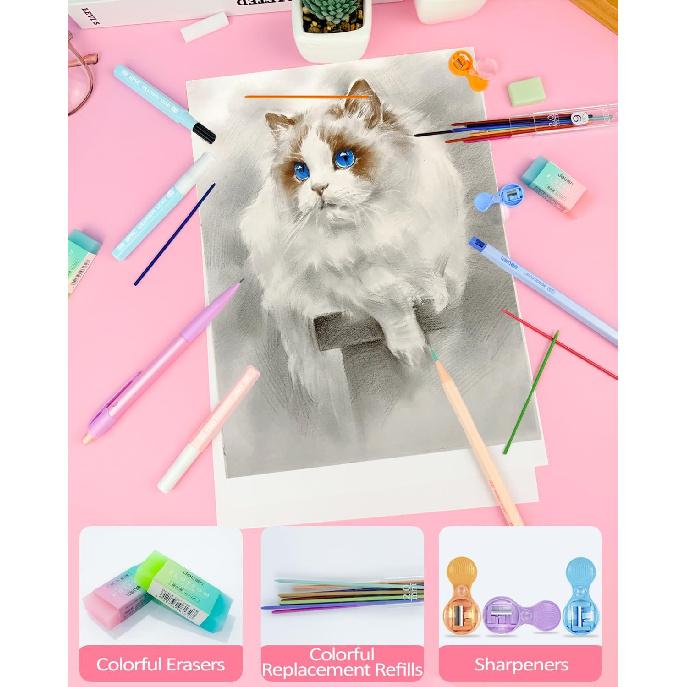 Mechanical Pencil Set with Pink Pencil Case,12X Pastel Mechanical Pencil 0.5mm-2.0mm with 564X HB+36X Color Leads for Writing, Drafting, Drawing,