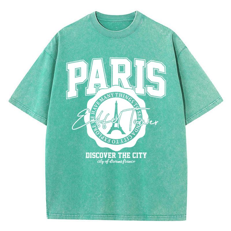 Повседневные женские футболки с кислотной стиркой, футболки с принтами 'Paris Discover The City', состаренные, оверсайз, хлопковые, с коротким рукавом