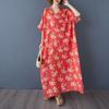 2025 Plus Size Summer Women Floral Printing Long Dress Short Sleeve Vintage Casual Linen V-Neck Basic Loose Dress