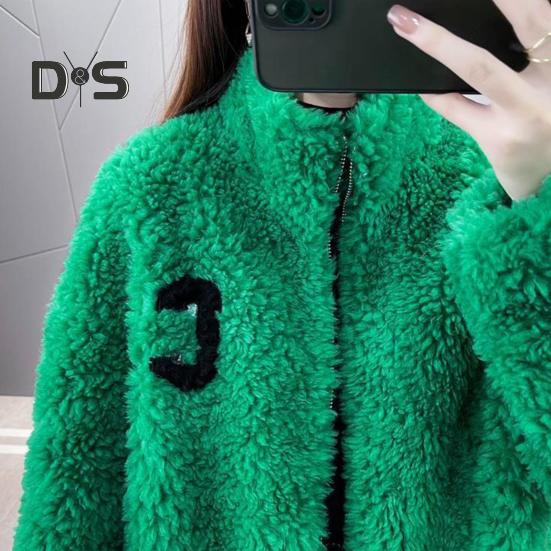 Зимнее женское пальто из утолщенного двухстороннего искусственного флиса, однотонное, воротник-стойка, защита шеи, декор в виде букв, длинные рукава, сохраняющие тепло, для путешествий на свежем воздухе