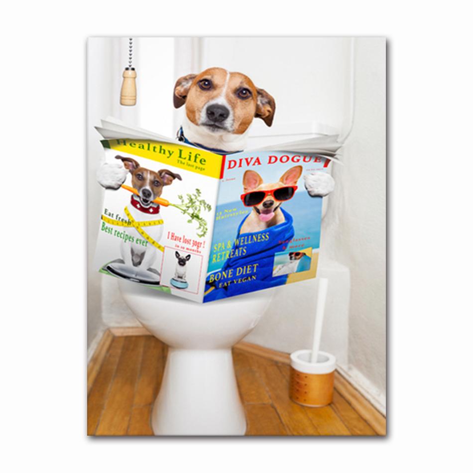 Funny Animal Dog Read Newspaper Oil Painting on Canvas Wall Art Poster Prints Wall Art Picture for Bathroom Toilet Decoration