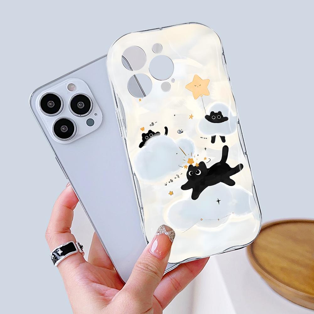 Для iPhone 16 15 14 13 12 Pro Max Samsung S24 Ultra S23 S22 Plus Redmi Note 13 Pro Мягкий волнистый край с рисунком милого кота на всю длину объектива защитный чехол