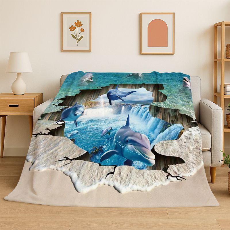 Seabed illusion 3D Underwater World Dolphin Cartoon Flannel Blanket Soft Throw Blanket for Bedroom Living Room Bed Travel Nap
