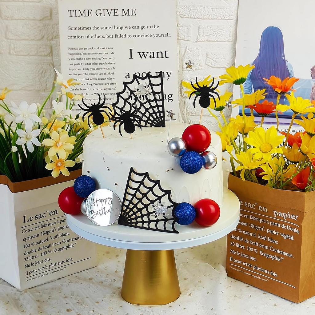 Spider Theme Cake Decor Glitter Spider Birthday Toppers Star Red Silver Blue Balls Cupcake Topper for Boys Men Baby Shower Party