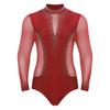 Mens Figure Skating Bodysuit Mock Neck Long Sleeve Sheer Mesh Patchwork Colorful Rhinestones Latin Dance Leotard
