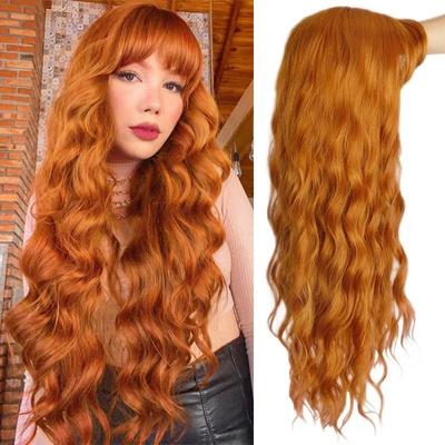 Длинные оранжевые, фиолетовые, коричневые, черные, золотые женские парики с челкой, термостойкие синтетические парики с волнами воды для женщин, афроамериканцев
