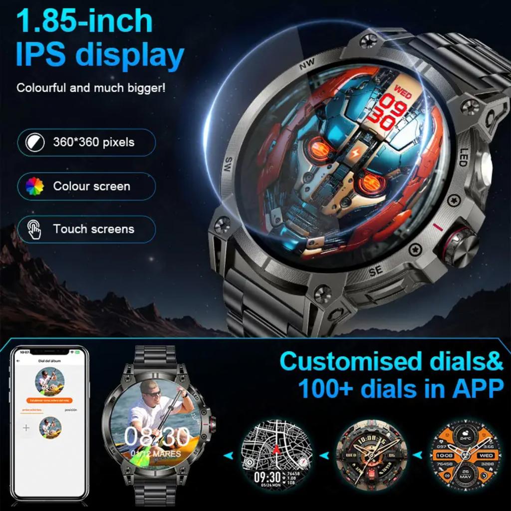 2025 New Outdoor Smart Watch Men 600mAh LED Flashlight SmartWatch Compass Bluetooth call Heart rate IP 68 Sports Smartwatch 5ATM