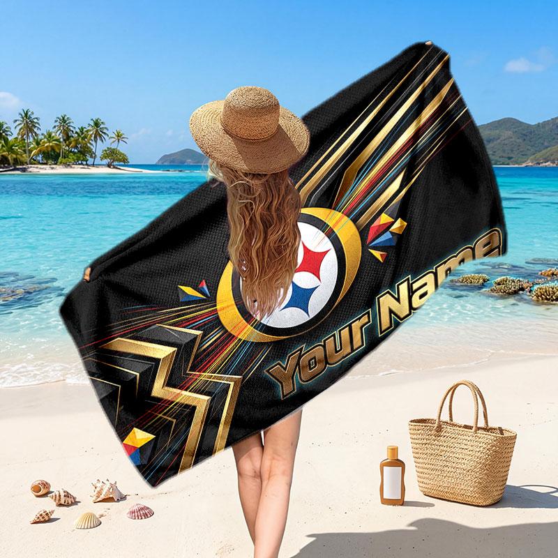 Pittsburgh Steelers Customized Name Text Beach Towel, Soft Absorbent Towel Beach Pool Travel Personal Gift