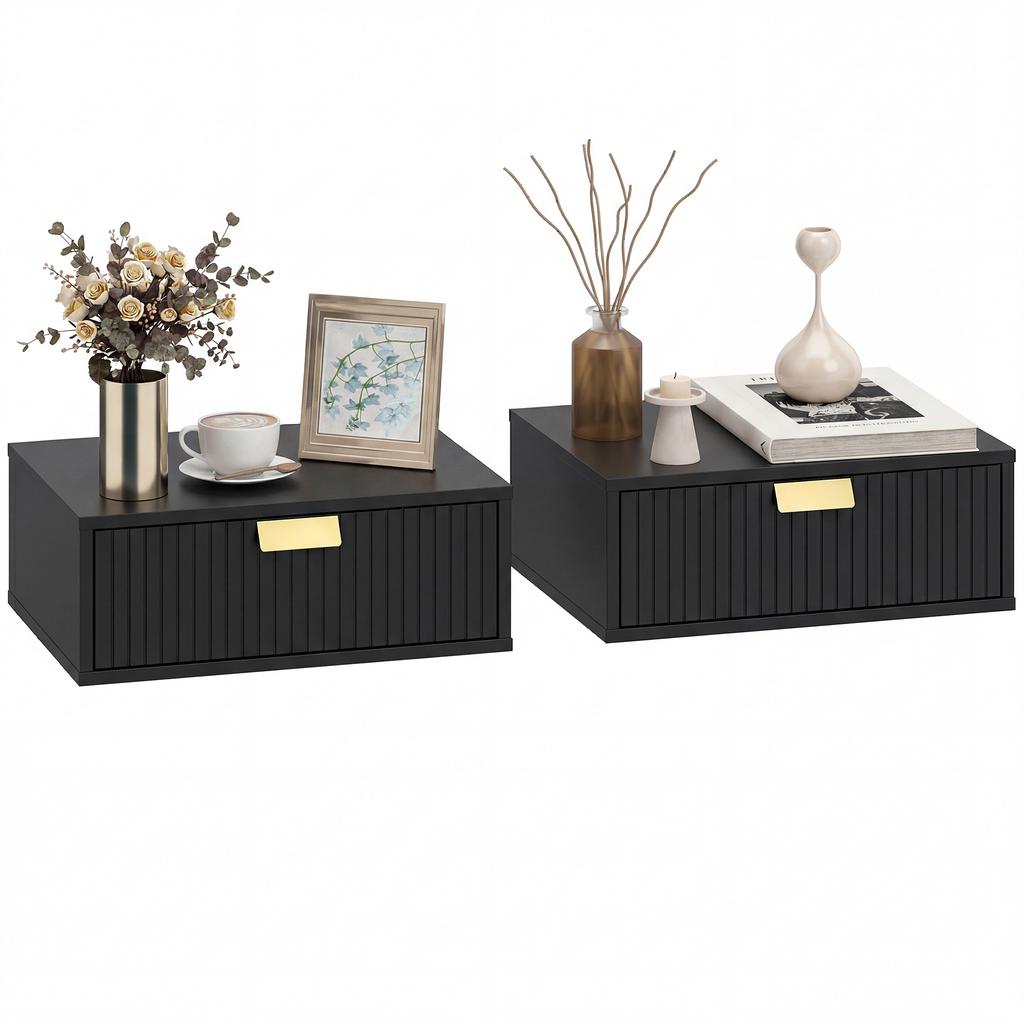 Modern Floating Nightstands Set of 2, Wall Mounted Bedside Tables with Wave Drawer Black