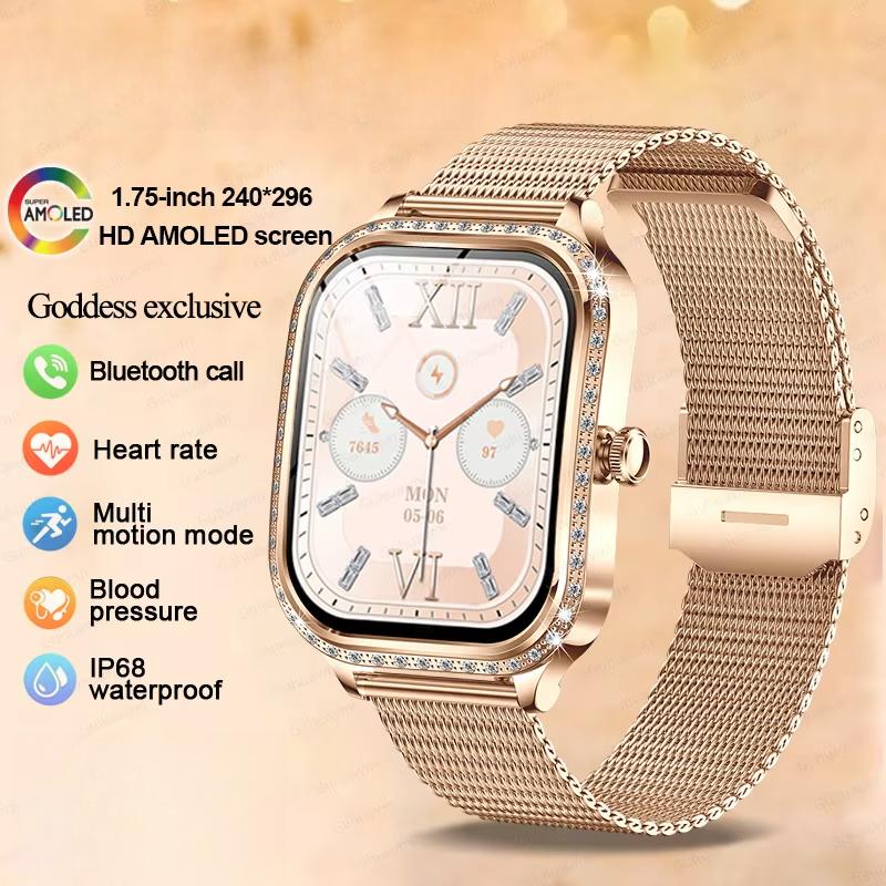 Fashion New Women Smart Watch AMOLED Curved Screen IP68 Waterproof Voice Bluetooth Call Heart Rate Blood Pressure Monitor Health Smartwatch