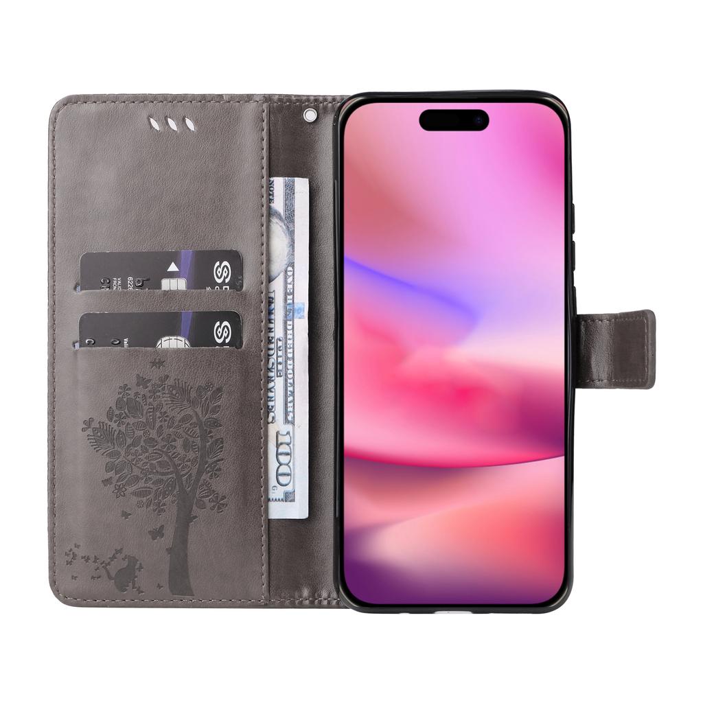 For iPhone 16 Phone Case with Stand Cat Tree Pattern Leather Wallet Mobile Cover