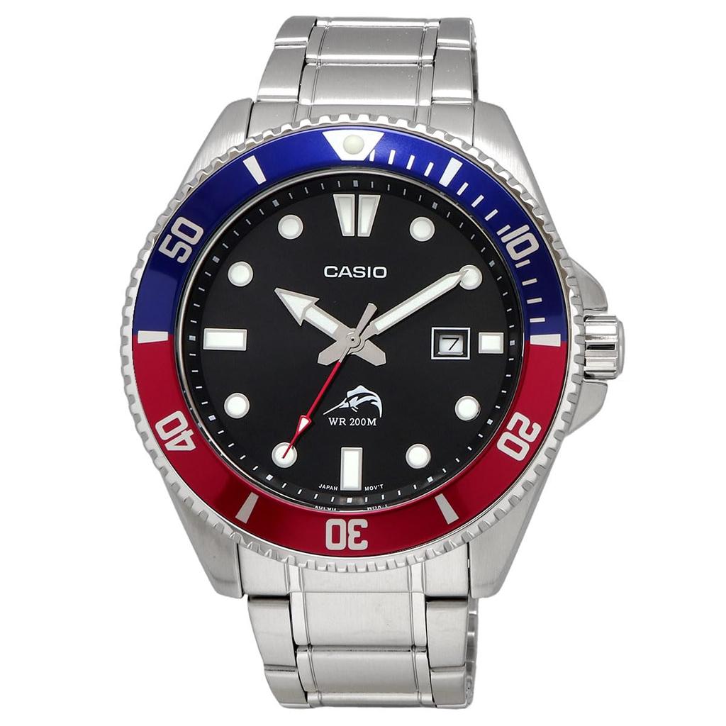 CASIO Стандартные аналоговые спортивные водонепроницаемые часы 20 ATM с синим и красным безелем, металлический браслет, модель Overseas [Casio] MDV-106DD-1A2V Мужские [Товар]