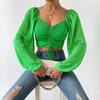 Summer V-neck Chiffon Drawstring Lantern Sleeve Tight Fashion Sexy Shirt Short Top