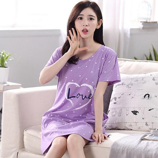 Summer Nightdress Female Cute Sweet Print Short-sleeved Girl Loose Comfortable Soft Mid-length Plus Size Nightdress Ladies Home
