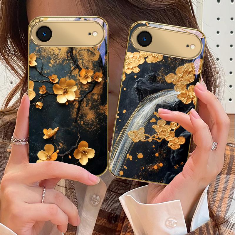 Ветка золотого цветка Для iPhone 17Pro Max 16 17 Pro 15 Pro 14 13 Plus 12 Mini 11Pro Max XR 16E 17Air Золотой стеклянный чехол для телефона