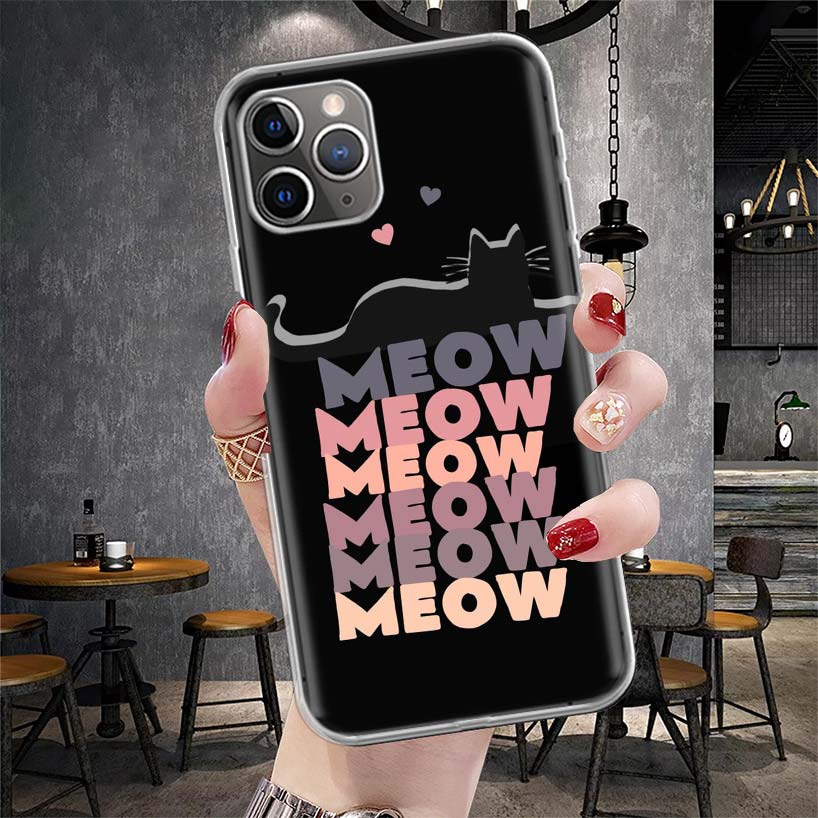 Аниме Милый Черный Кот Мяу Мягкий Чехол Для Телефона Для IPhone 11 17 Air 16E 16 Pro Max 15 + 14 Plus 13 Mini 12 Apple 7 SE 8 Fundas Coque