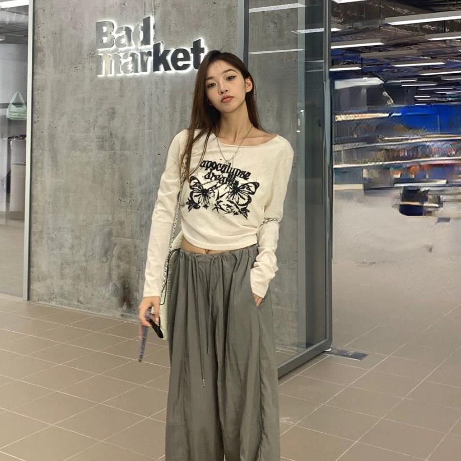 Сексуальные плиссированные футболки в стиле гранж Femme Slim Fit Y2k с эстетическим буквенным принтом, укороченный топ с длинными рукавами, женская модная универсальная футболка