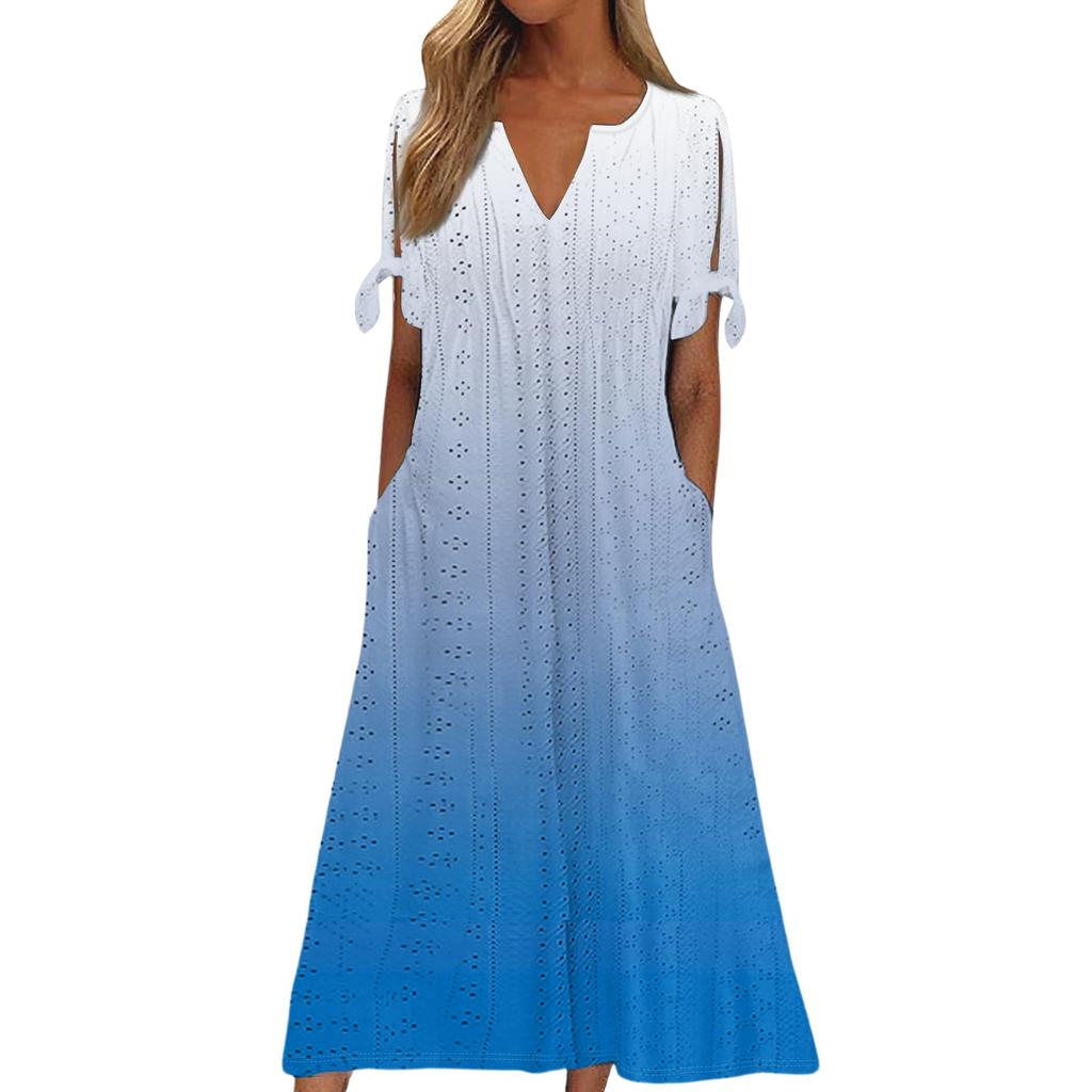 Ladies Casual Fashion Temperament Elegant Waist Gradient Color Print Long Dress