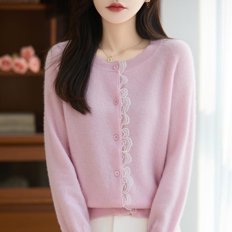Autumn/Winter Women's 100% Pure Wool Lace Trim Knit Cardigan - Long Sleeve Round Neck Loose Sweater