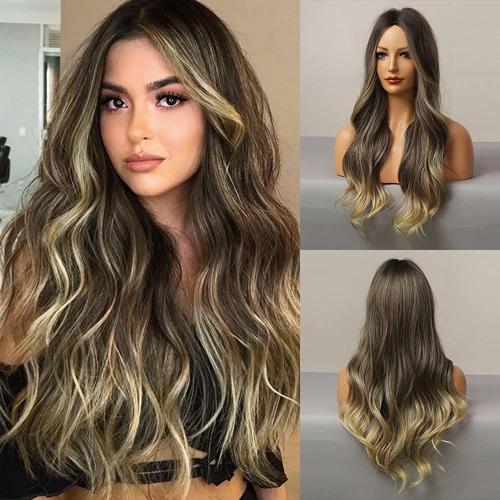 Коричневый золотой смешанный цвет средняя часть длинные волосы вьющиеся искусственные волосы набор большой волны градиентный парик с изменением