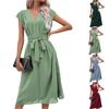 Women's Loose Casual V-Neck Belt Solid Color Dress Fashionable Dress Fashionable Dress