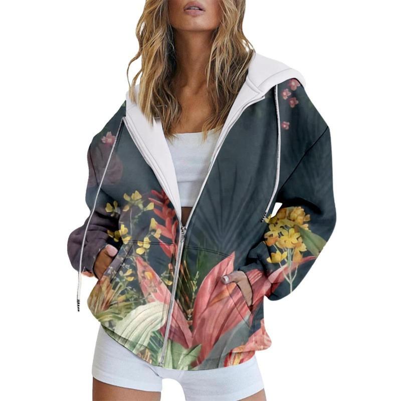 Womens Winter Hooded Zip-Up Sweatshirt Loose Fit 3D Printed Casual Pullover Long Sleeve