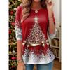 Women's Christmas Tunic 3/4 Sleeve Christmas Tree Print Casual Stretchy Red White Snowflake Crew Neck Festive Winter Wear