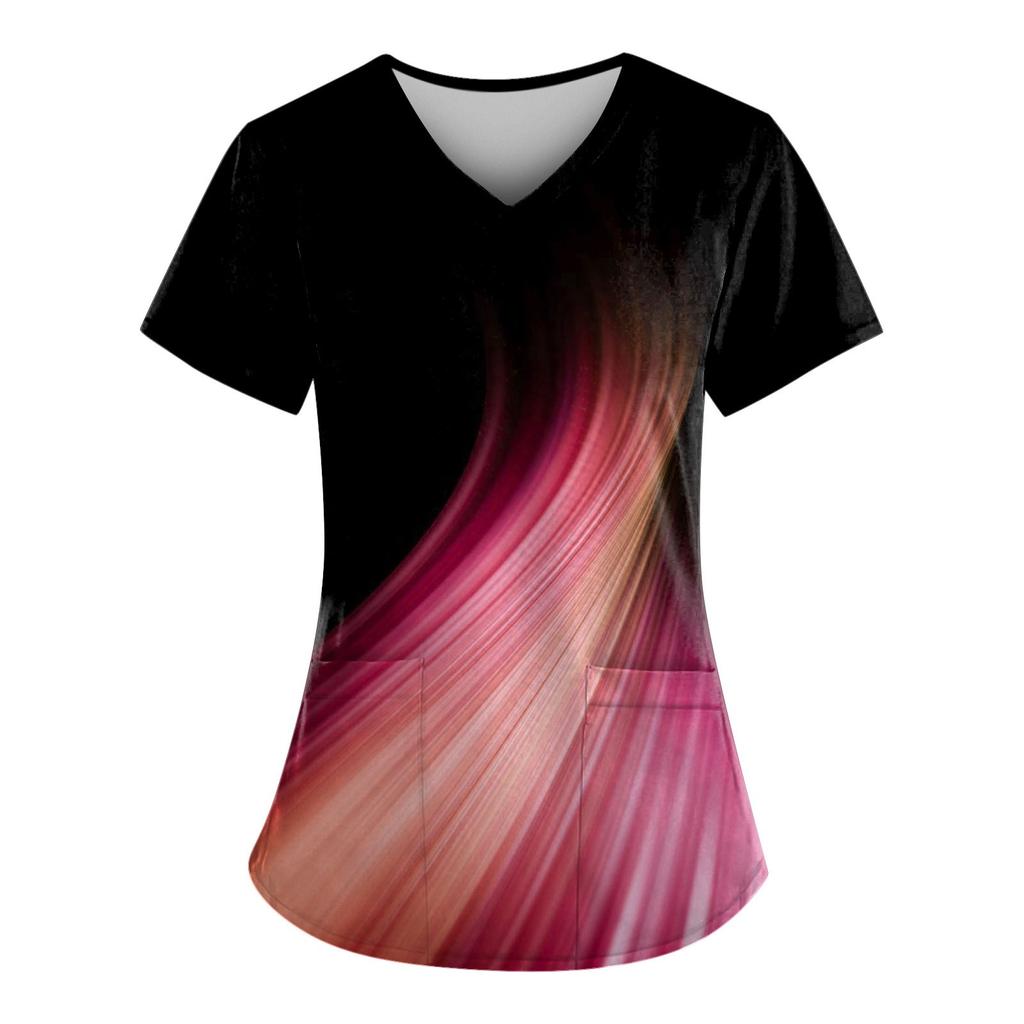 Рабочая форма больших размеров с принтом, топы для женщин, забавные футболки с v-образным вырезом и короткими рукавами, рабочая одежда, футболка с карманами