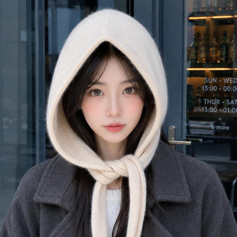 Korean version ins balaclava hat scarf integrated warm red knitted hat ear protector wool hat big head circumference