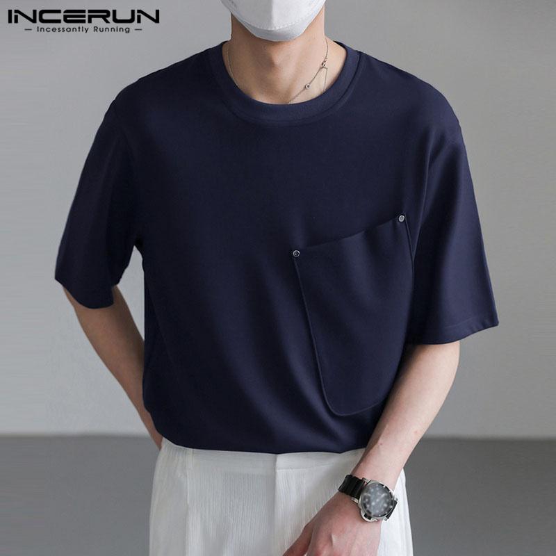 INCERUN Мужская дизайнерская простая однотонная футболка с короткими рукавами и большим карманом
