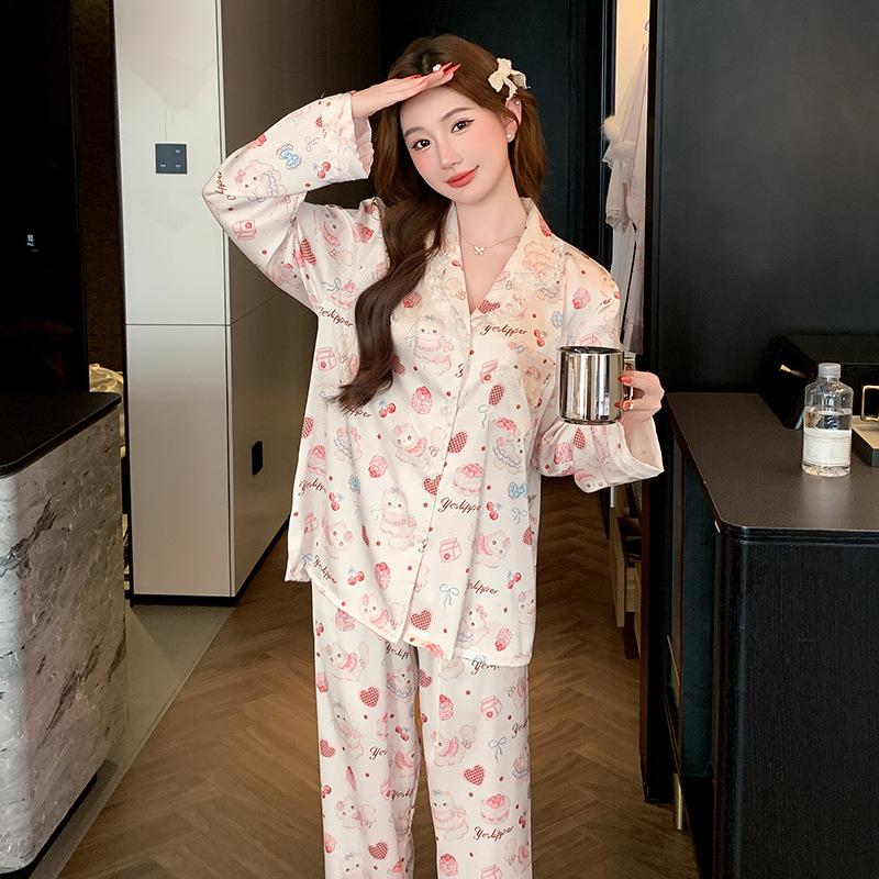 Love plaid cat sweet pajamas women's early spring ice silk cute long-sleeved suit, comfortable loungewear outside