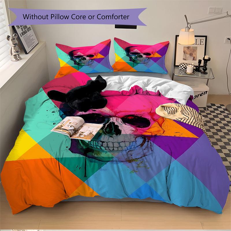 3pcs bedding set Skull Vibrant Includes 1 Comforter + 2 Pillowcases, Without Pillow Inserts, Soft Comfortable, Lightweight Breathable, Print