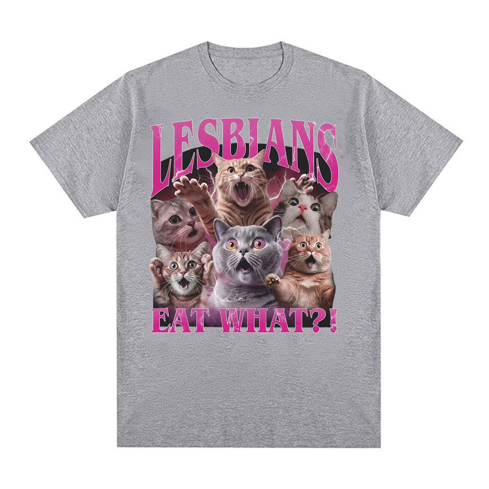 Summer Lesbians Eat What! Funny Offensive Cat Meme 100% Cotton Printing T Shirt Men Women Fashion Hipster Tops Short Sleeve Y2K